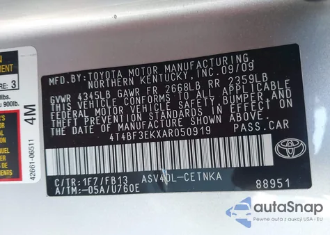 2010 Toyota Camry Le из США, поврежденный, VIN 4T4BF3EKXAR050919